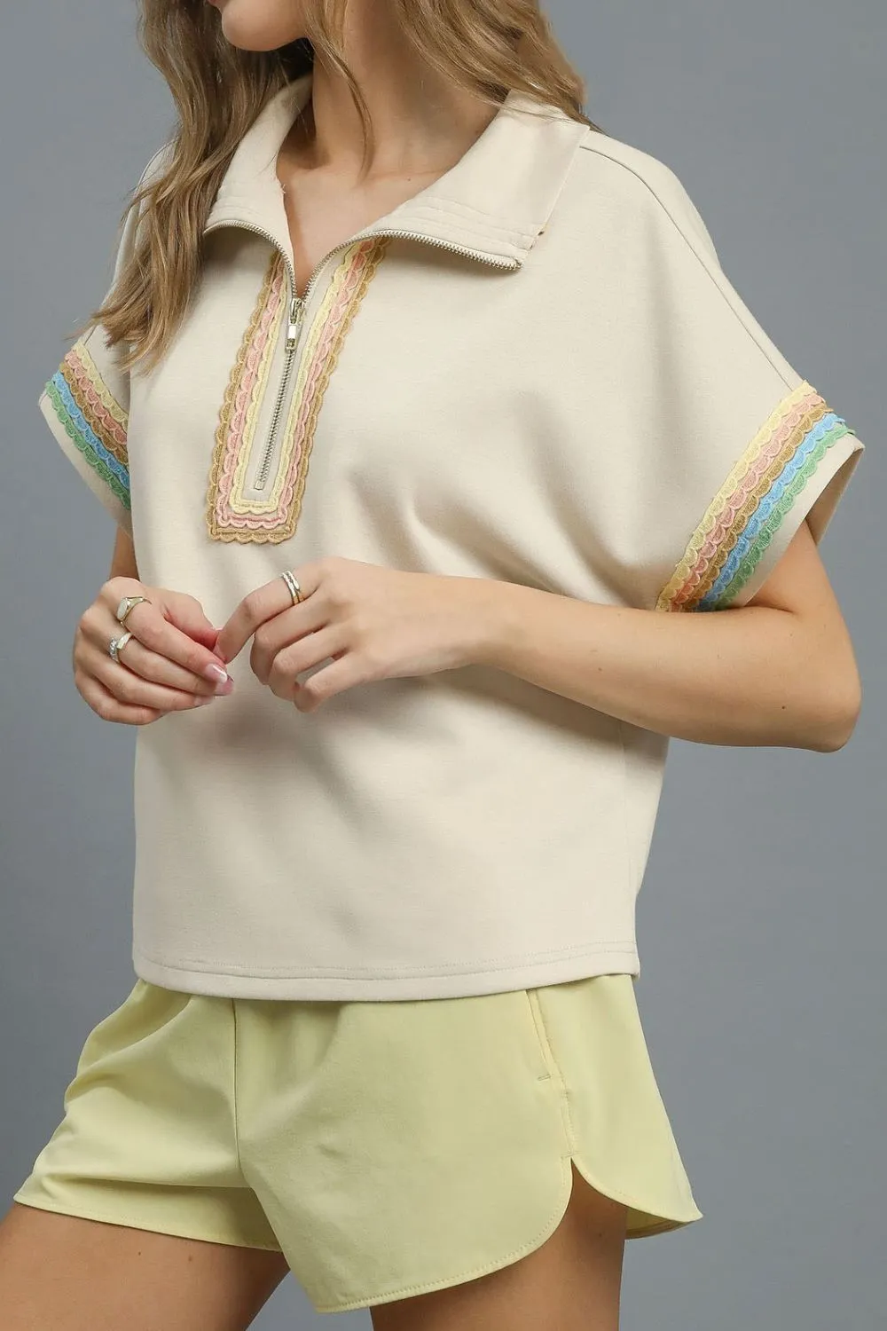 Contrast Trim Half Zip Collared Blouse, image 2