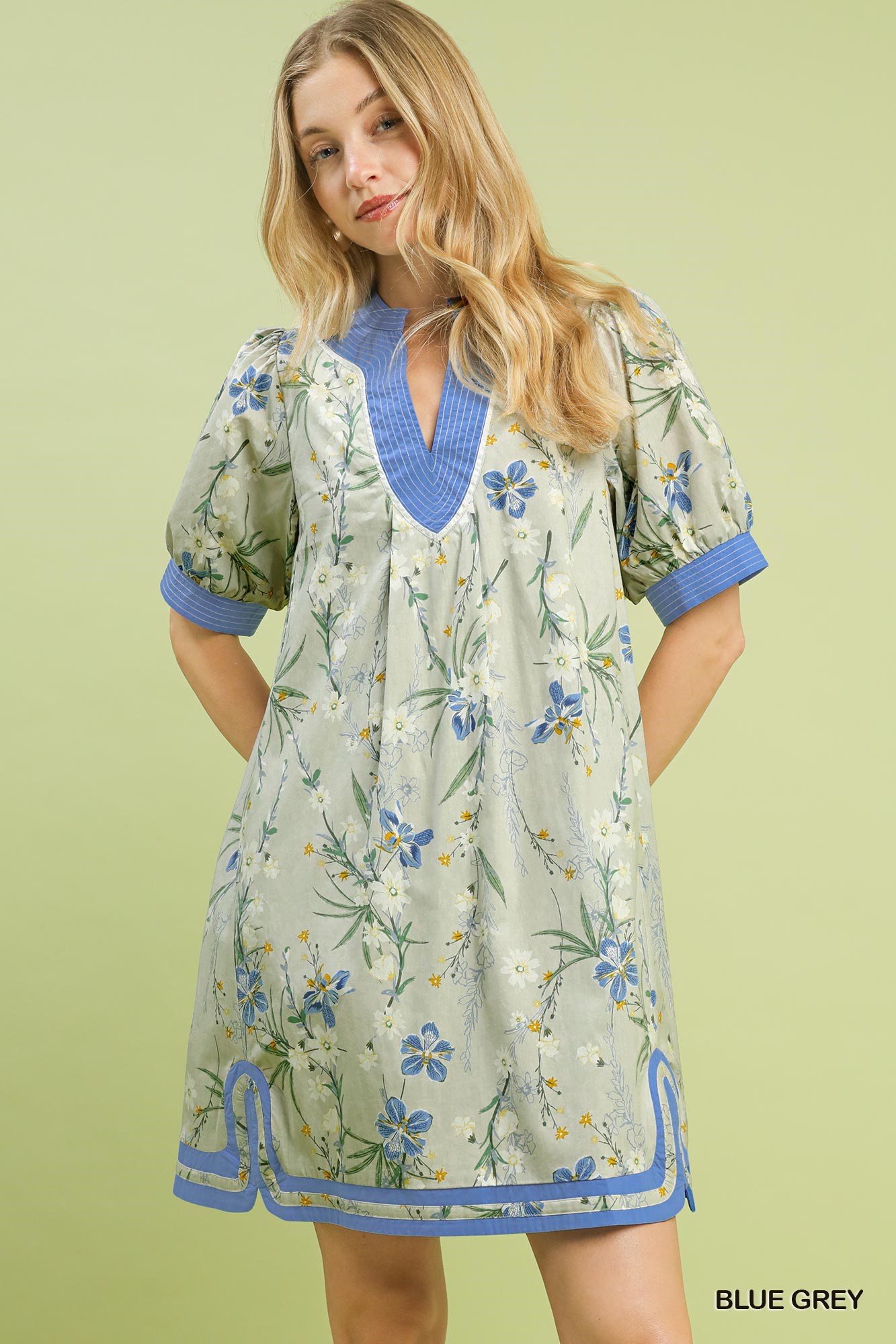 Floral Puff Sleeve Dress with Contrast Trim