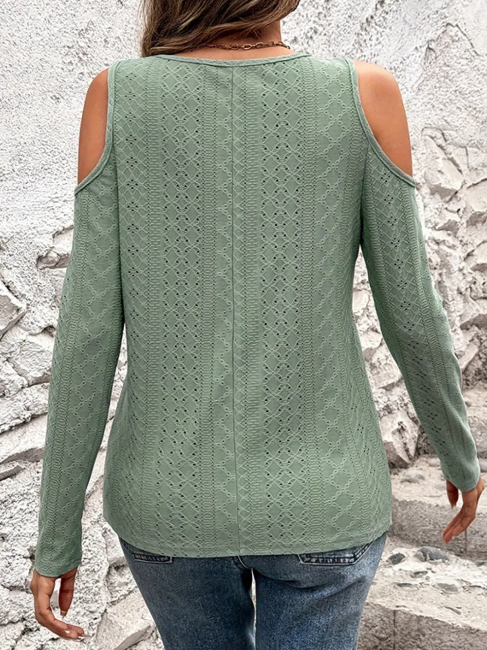 Full Size Eyelet V-Neck Cold Shoulder T-Shirt, image 2