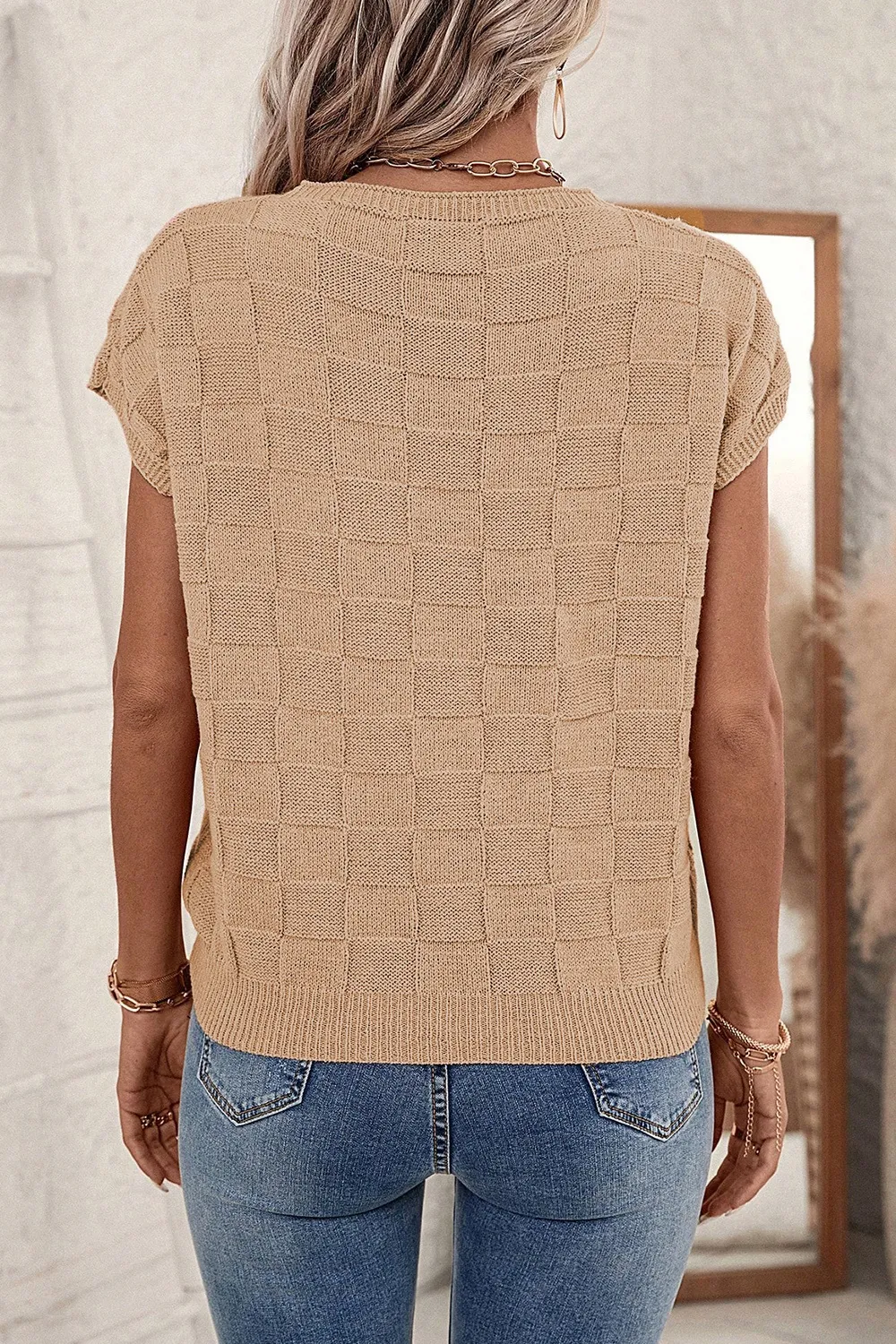 Pocketed Checkered Round Neck Knit Top, image 5