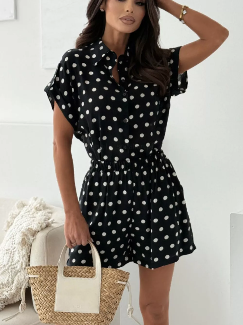 Polka Dot Button Up Shirt and Shorts Set