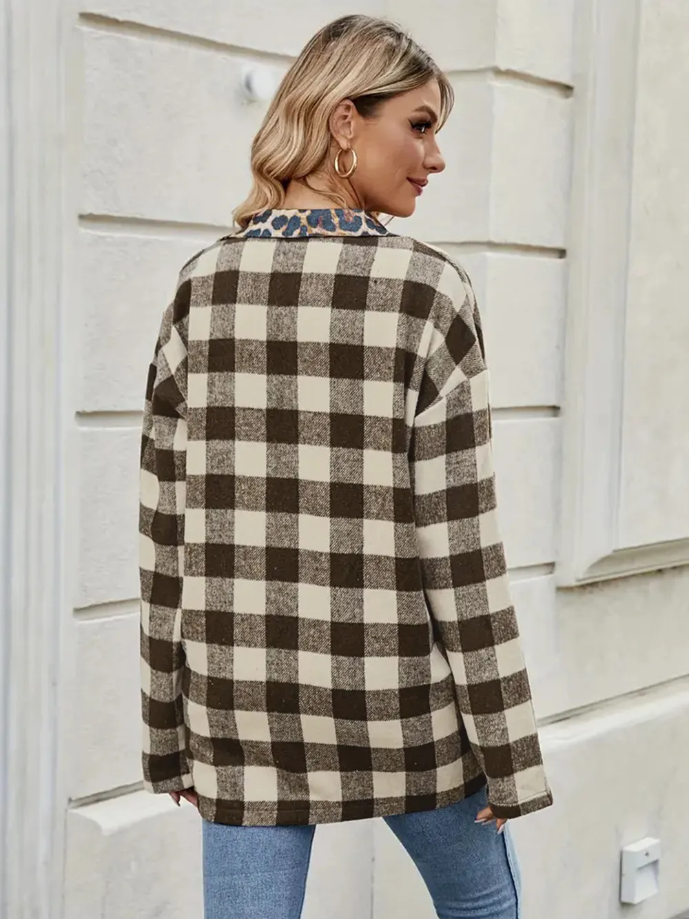 Leopard Trim Plaid Collared Neck Long Sleeve Shirt, image 3