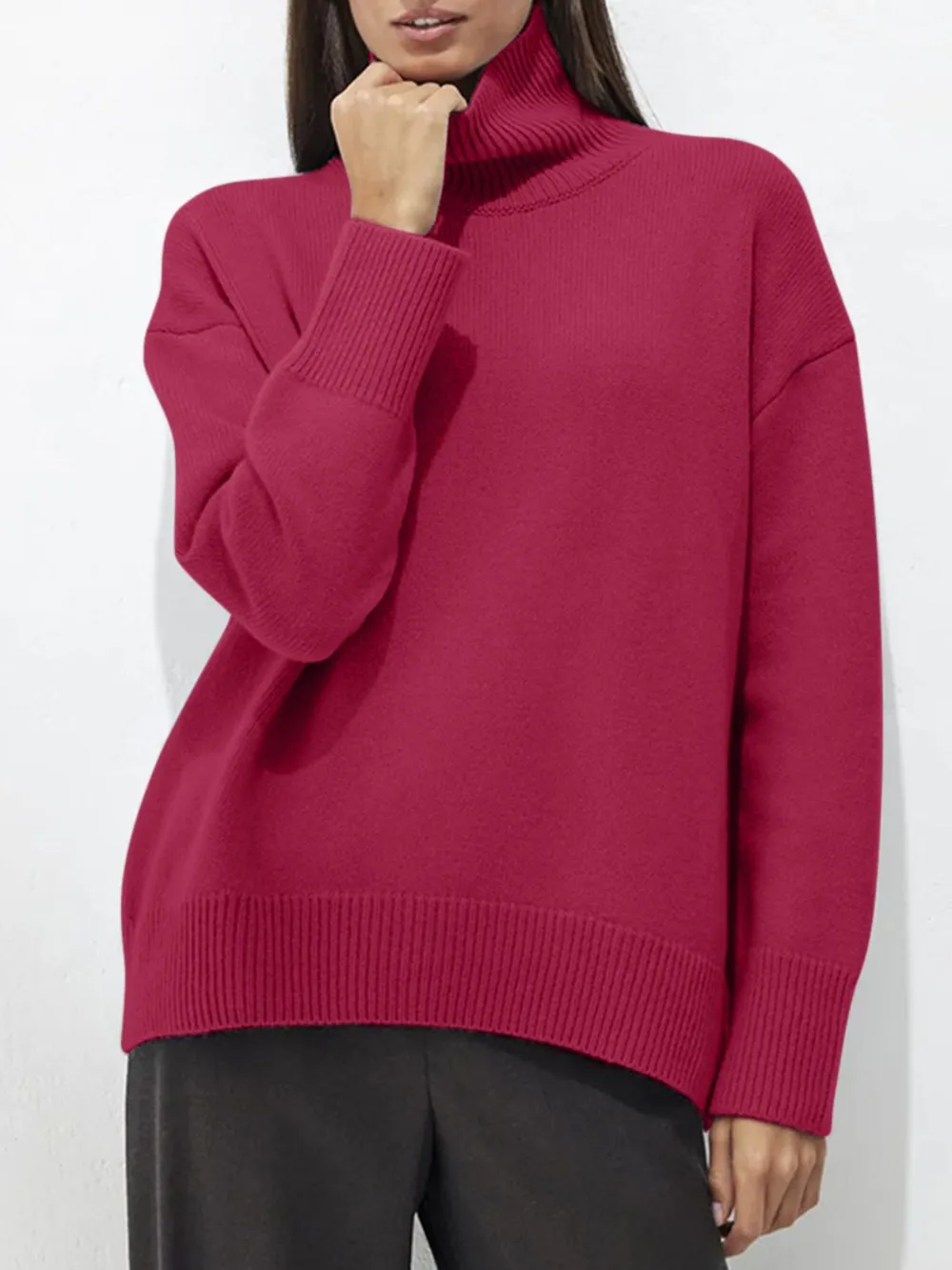 Turtleneck Drop Shoulder Long Sleeve Sweater, image 2