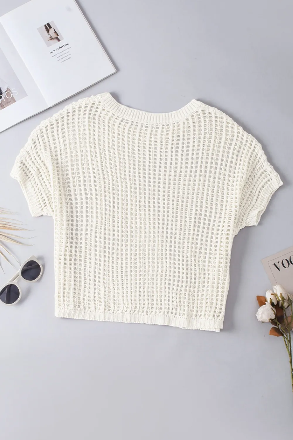 Openwork Round Neck Half Sleeve Knit Cover Up, image 8