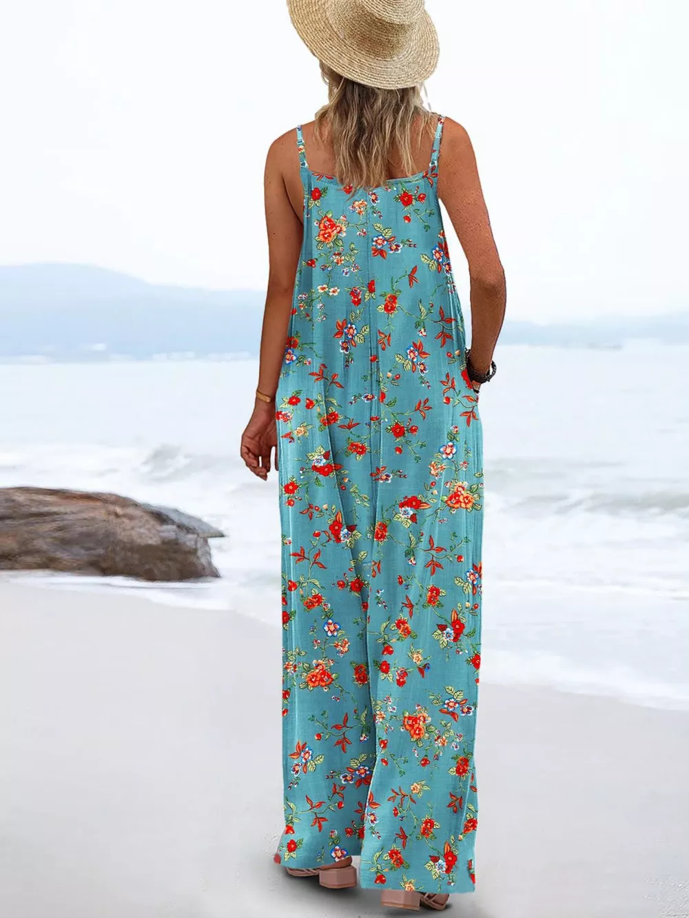 Full Size Floral Print Wide Leg Spaghetti Strap Overalls Plus Size, image 10