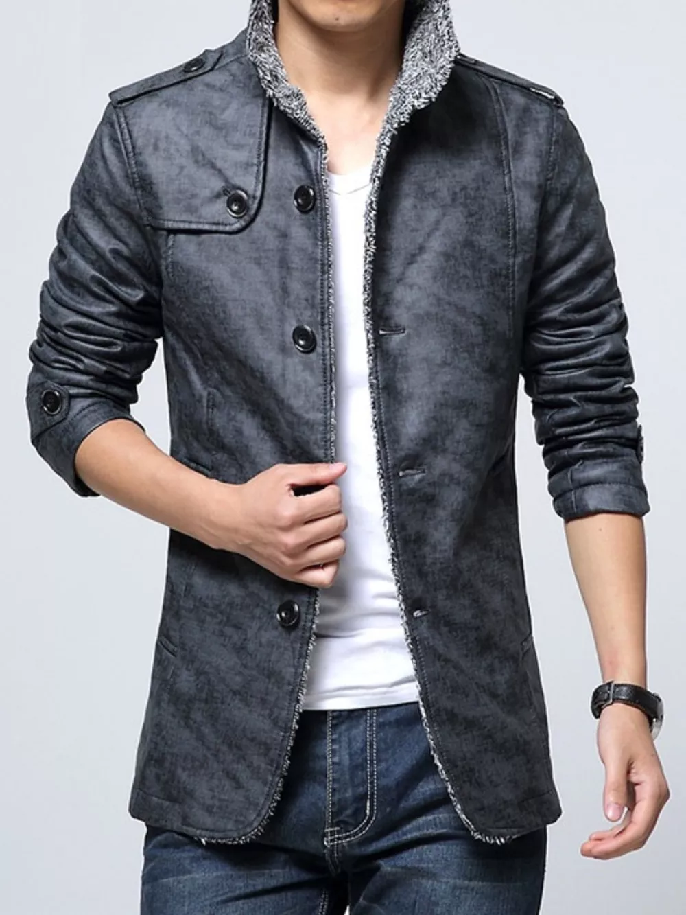 Men's Plus Size Button Up Fleece Lined Coat, image 7