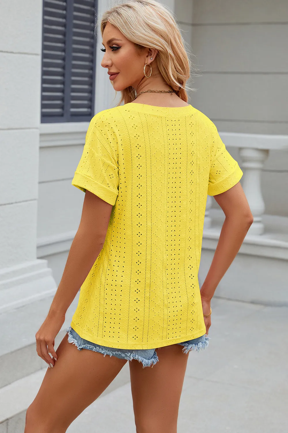 Eyelet V-Neck Short Sleeve T-Shirt, image 10