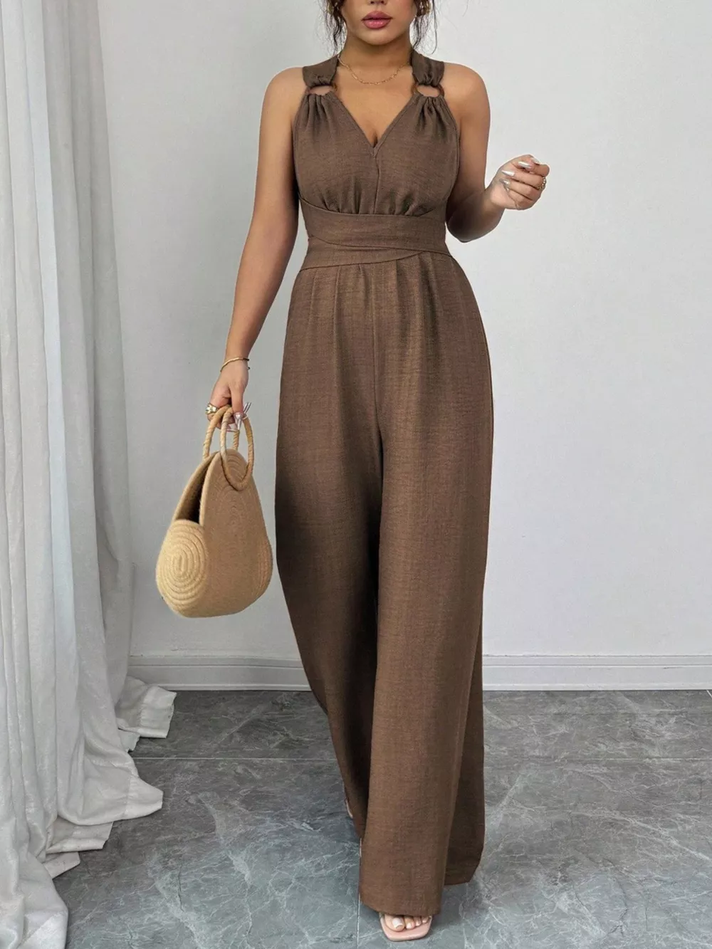 Sleeveless V-Neck Wide-Leg Jumpsuit with O-Ring Detail, image 9