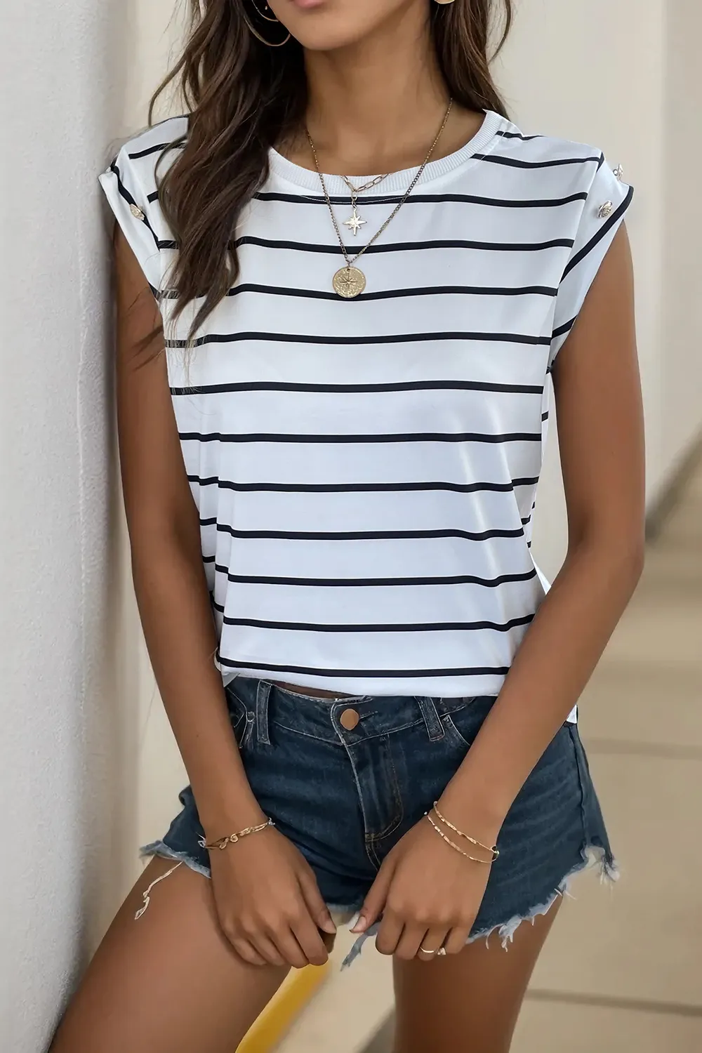 Decorative Button Round Neck T-Shirt, image 16