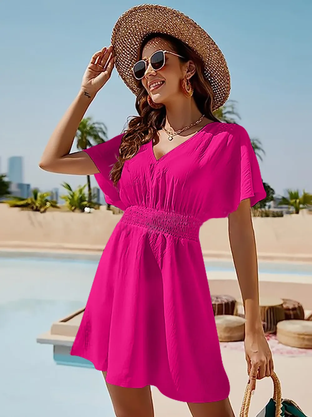 Smocked V-Neck Short Sleeve Dress, image 9