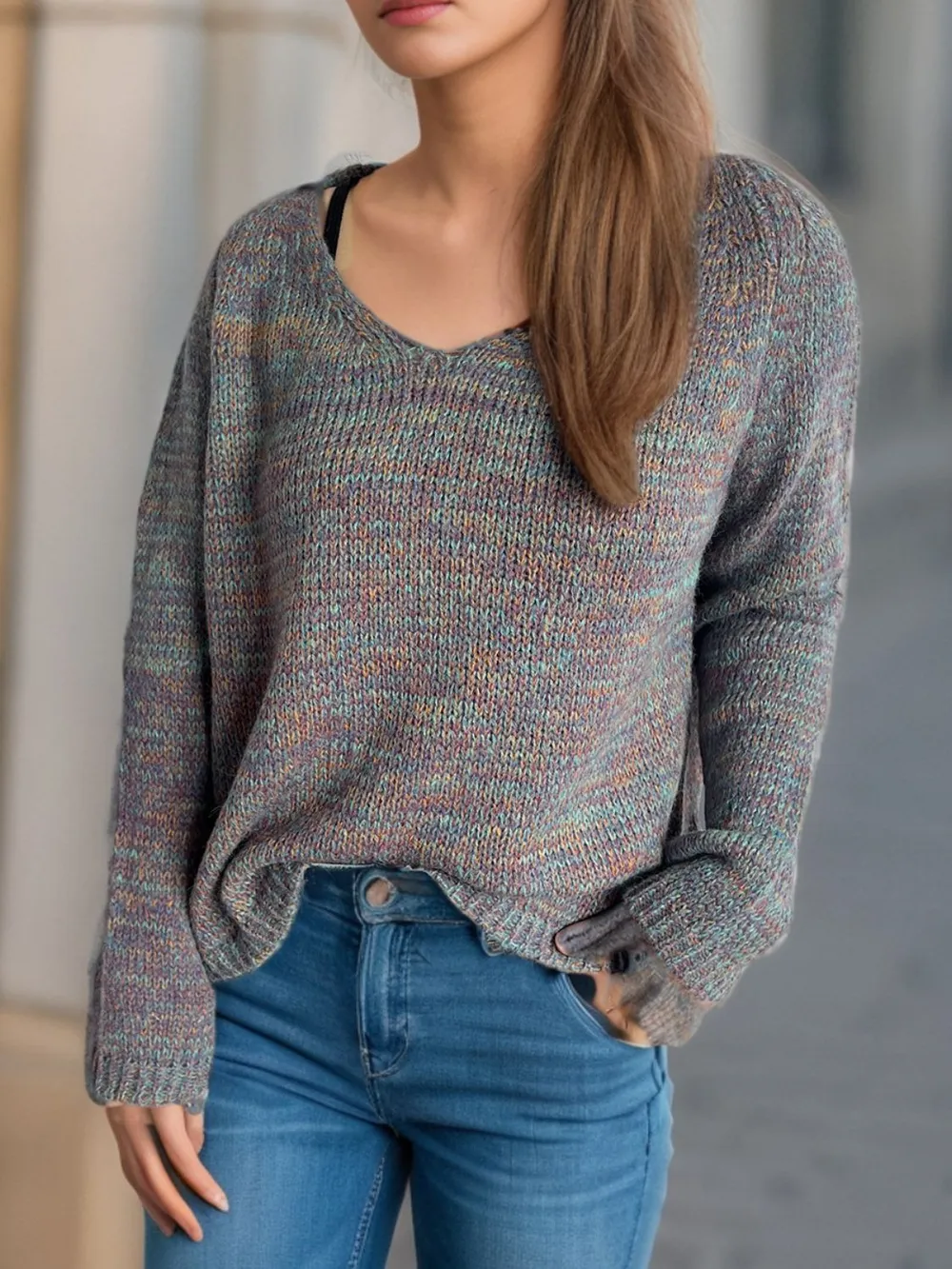 Heathered V-Neck Long Sleeve Sweater, image 7
