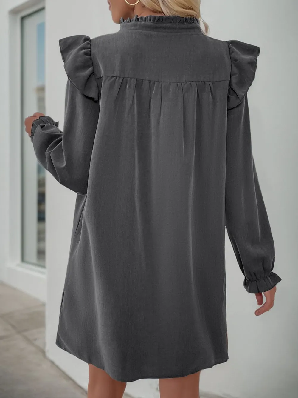 Ruffled Notched Long Sleeve Mini Dress, image 3