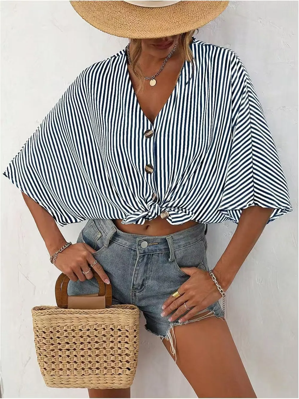 V-Neck Striped Batwing Sleeve Casual Blouse, image 2