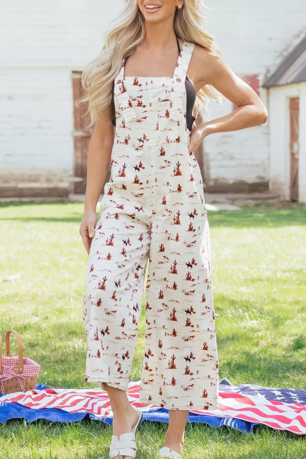 Western Printed Button Adjustable Straps Loose Jumpsuit, image 5