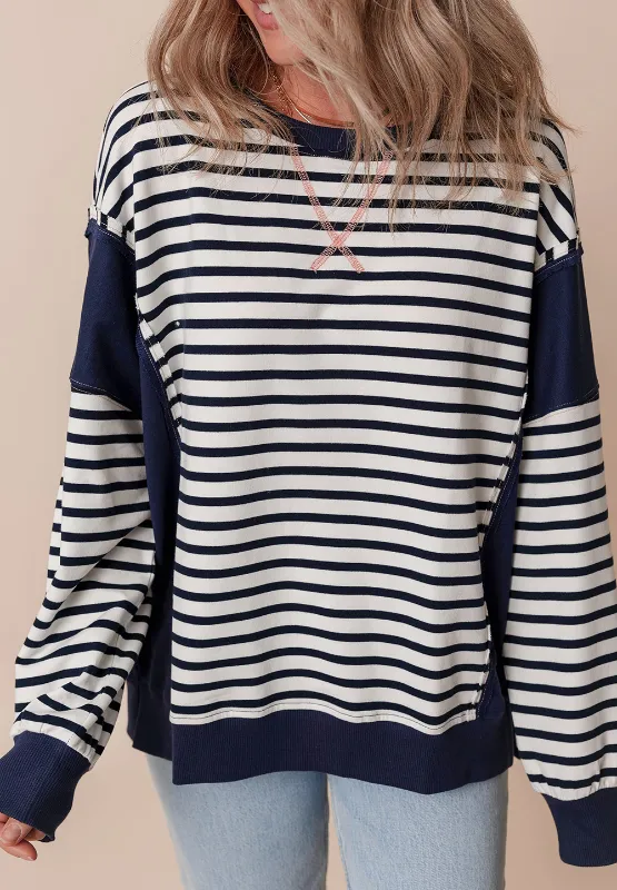 Exposed Seam Striped Long Sleeve Sweatshirt, image 5