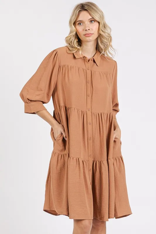 Button Detail Collared Neck Tiered Shirt Dress