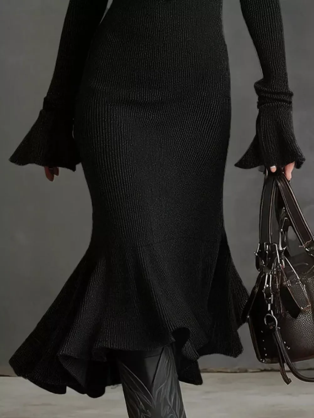 Ribbed Knit Zip Front Flare Hem Midi Dress, image 10