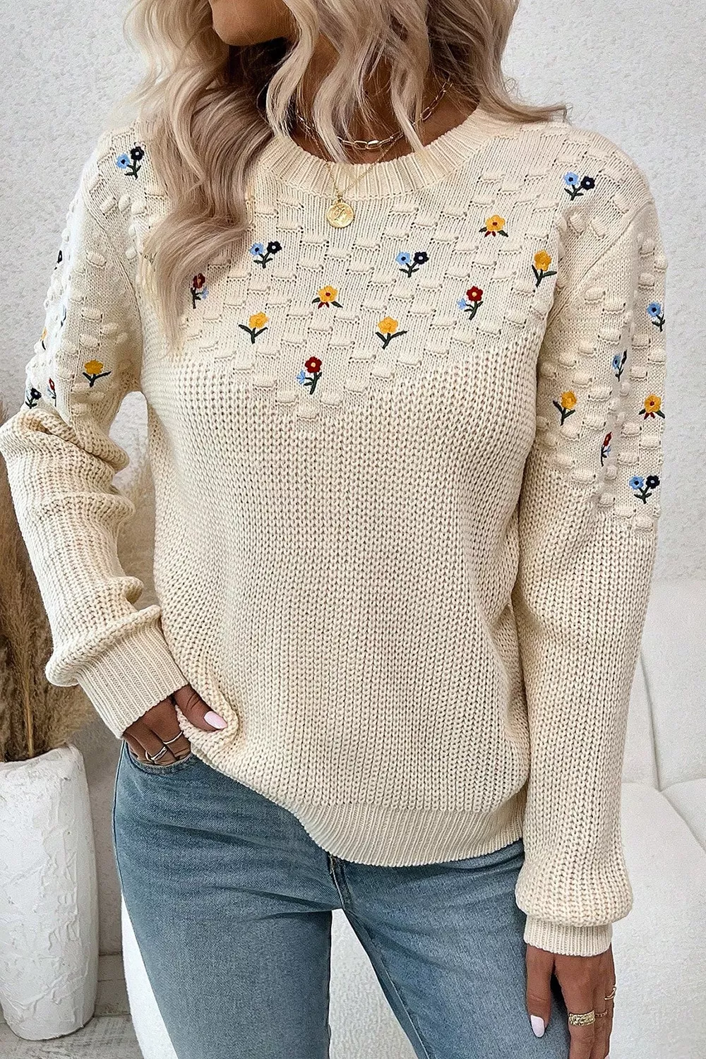 Floral Round Neck Dropped Shoulder Sweater, image 4