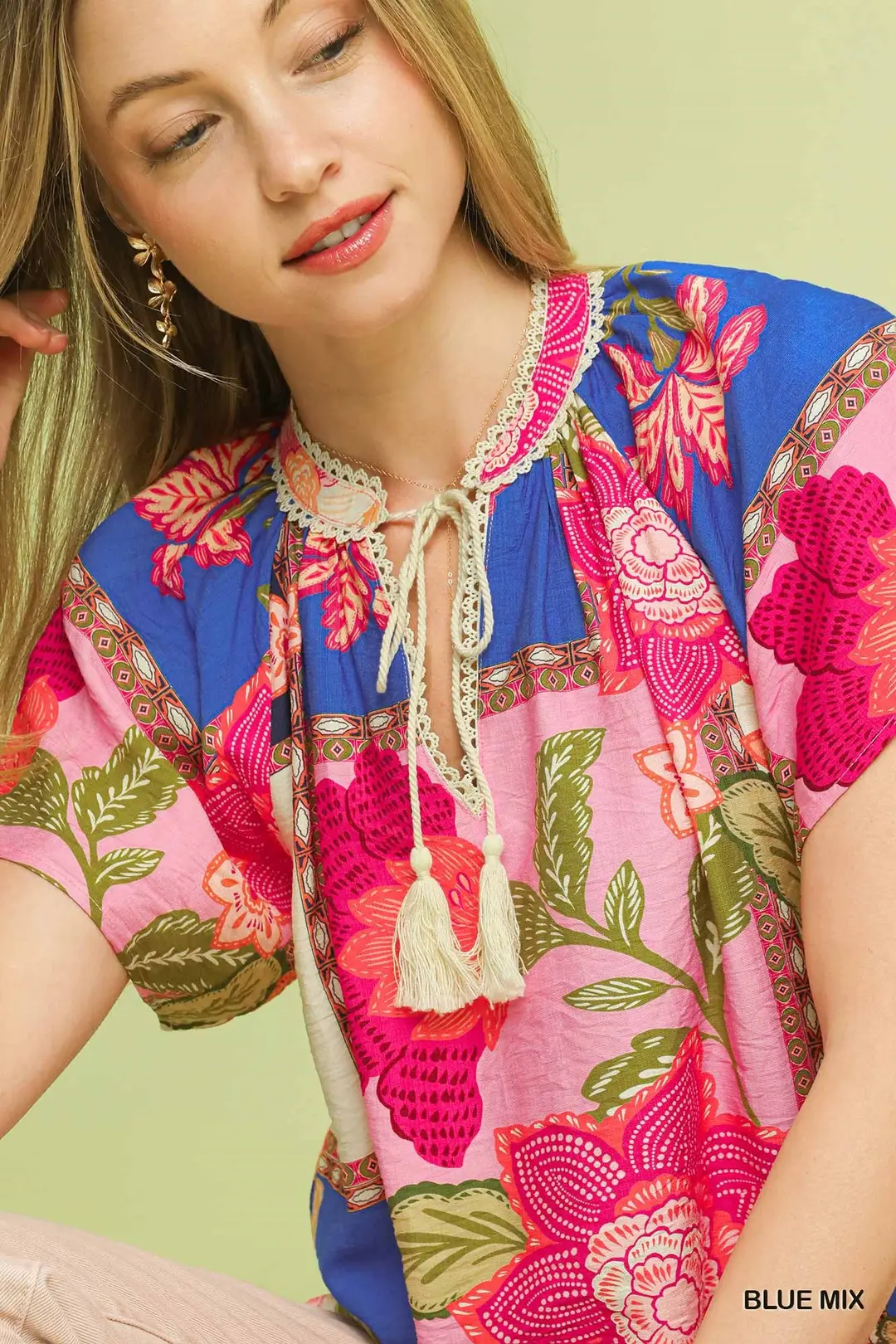 Mix Floral Patchwork Tassel Tie Top, image 6