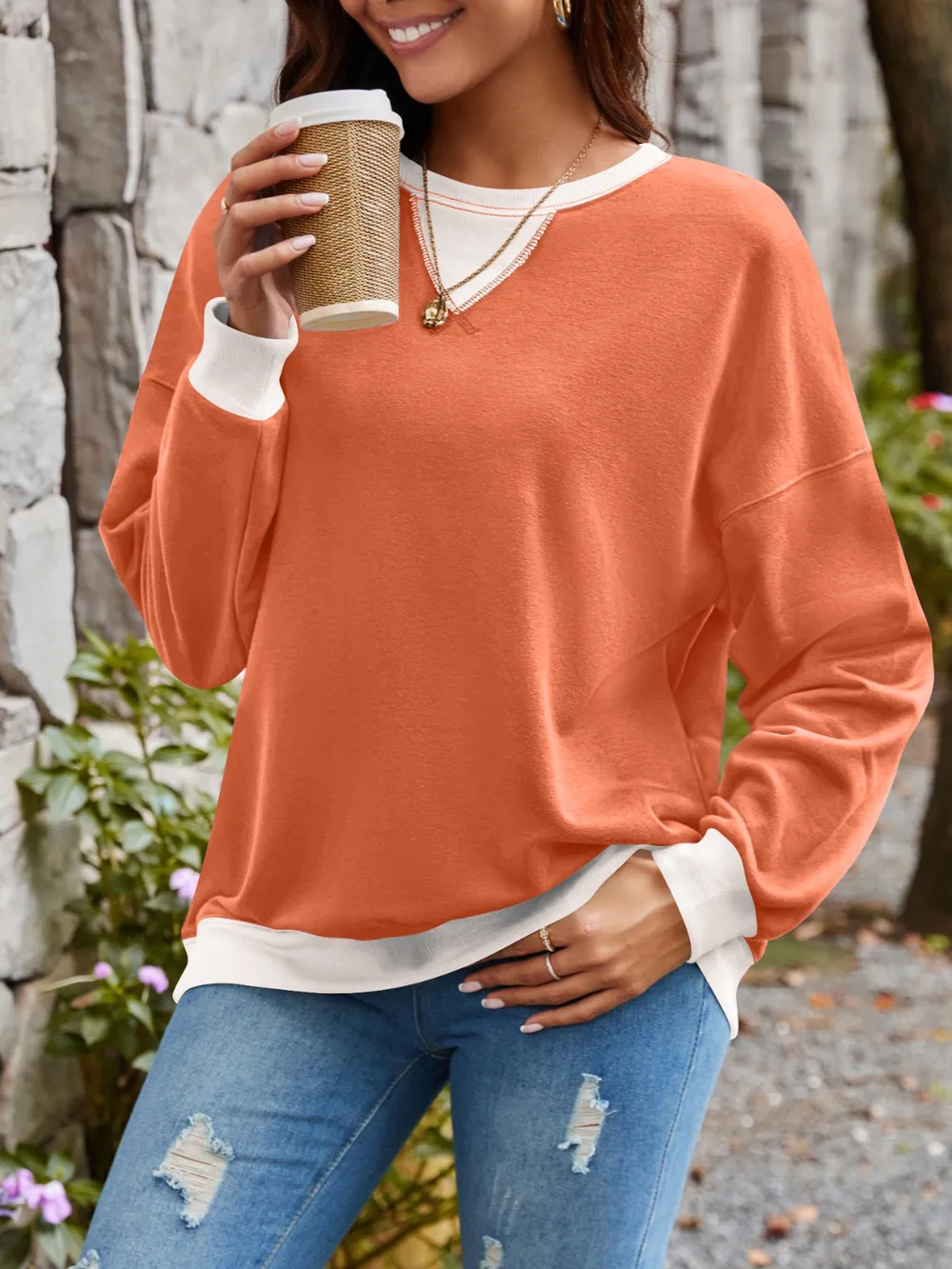 Contrast Round Neck Long Sleeve Sweatshirt, image 20