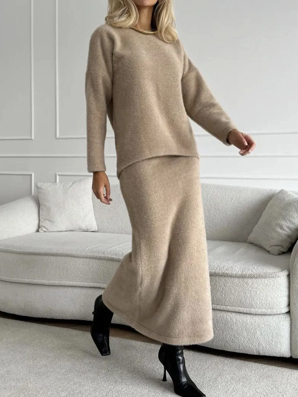 Round Neck Dropped Shoulder Top and Midi Skirt Sweater Set, image 8