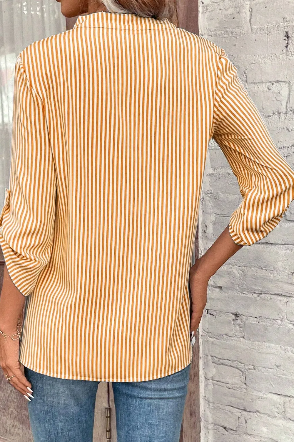 Striped Notched Roll-Tab Sleeve Shirt, image 9