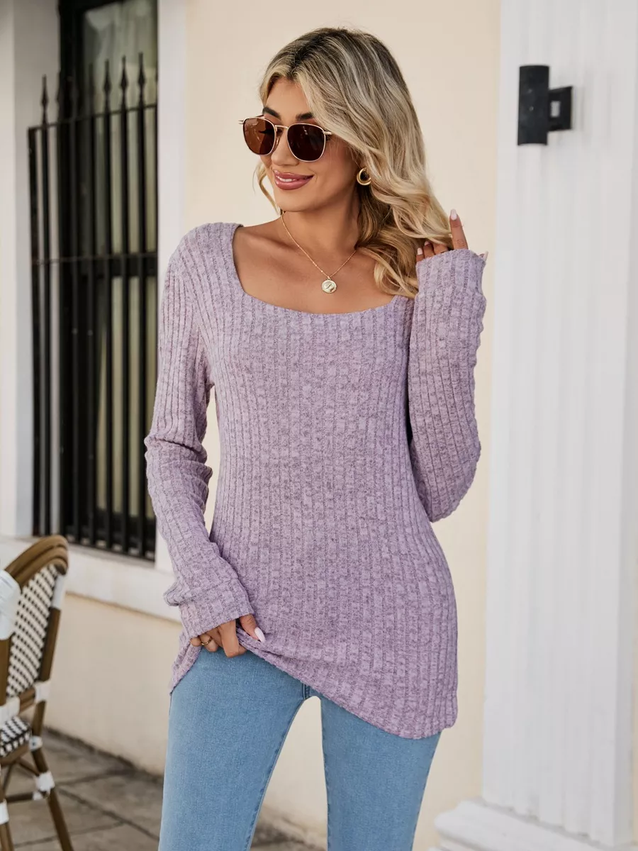 Ribbed Square Neck Long Sleeve T-Shirt, image 5