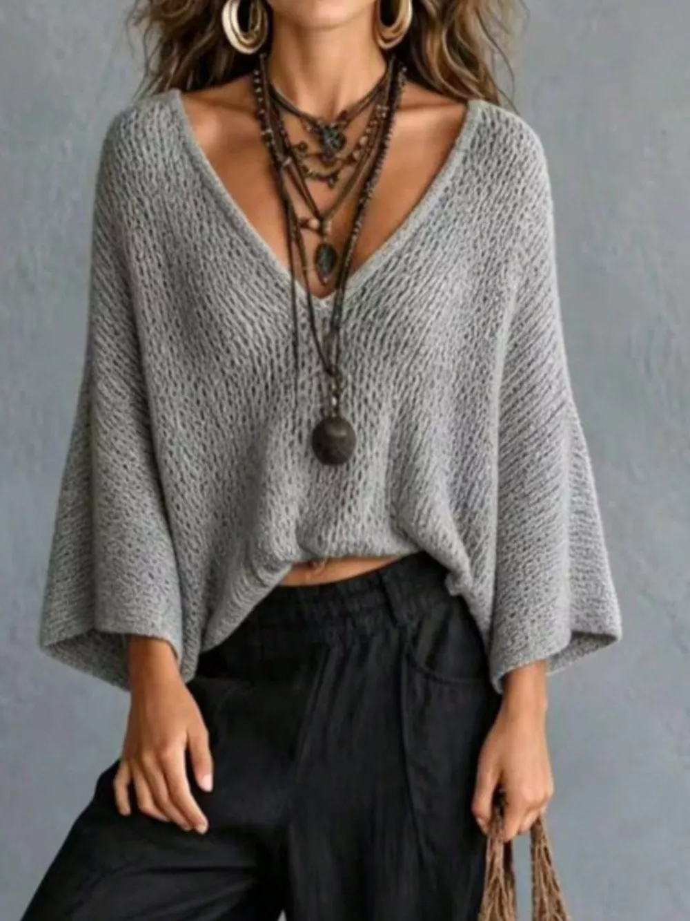 V-Neck Batwing Sleeve Sweater, image 4