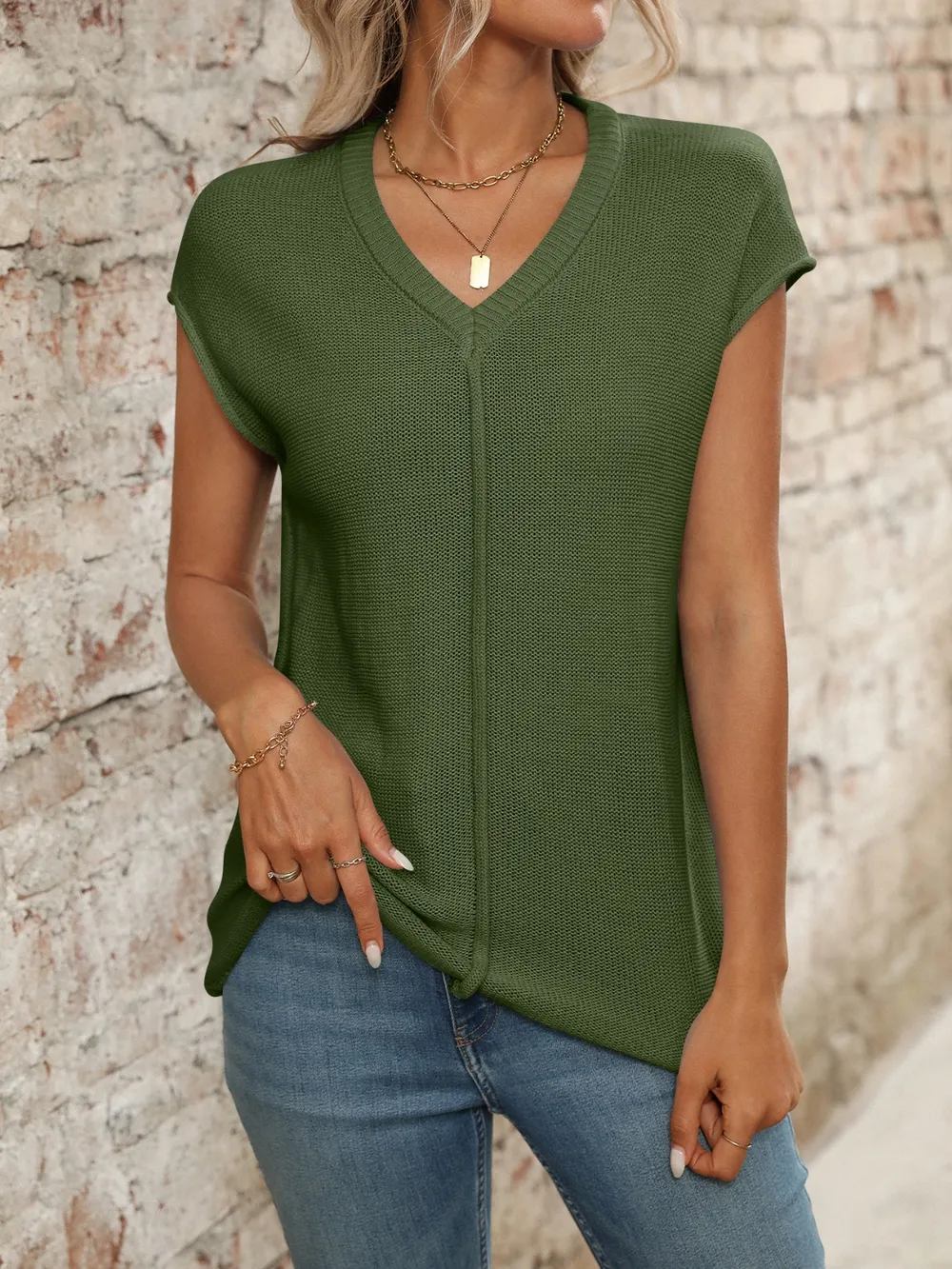 V-Neck Short Sleeve Knit Top, image 30