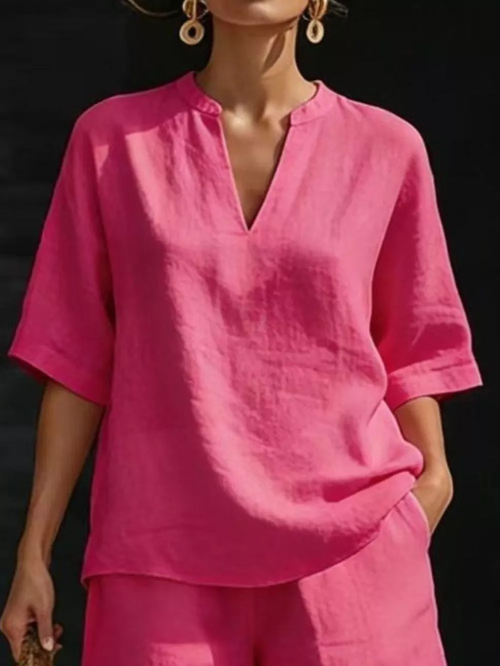 Full Size Notched Half Sleeve Top and Shorts Set Plus Size, image 10