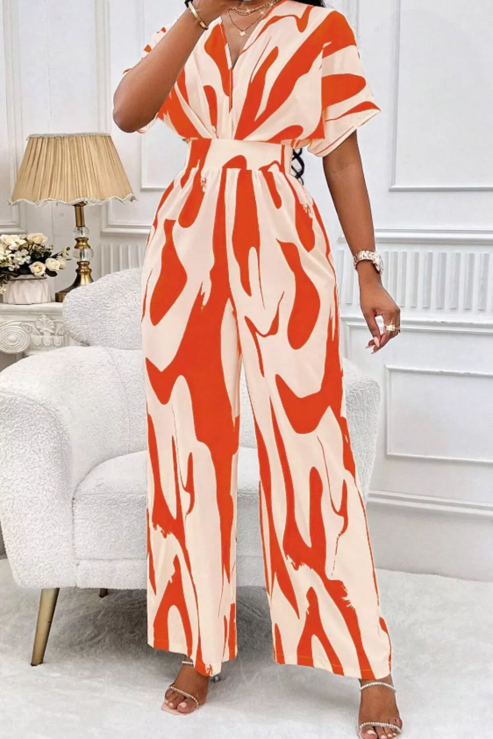 Printed V-Neck Short Sleeve Wide Leg Jumpsuit, image 3