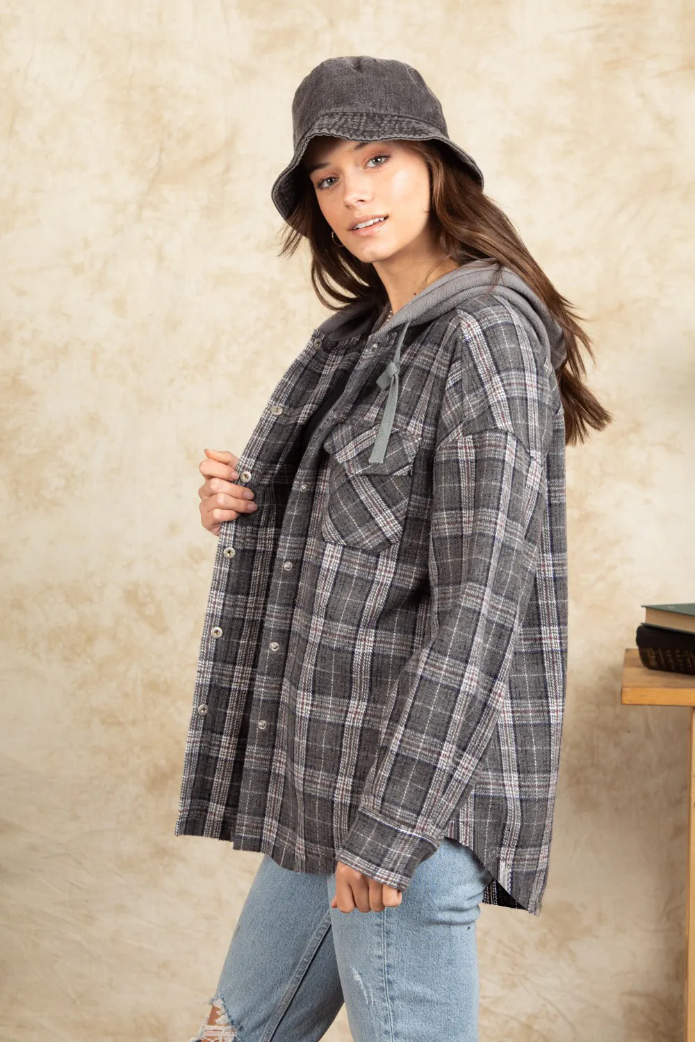 Drawstring Plaid Long Sleeve Hooded Jacket, image 6