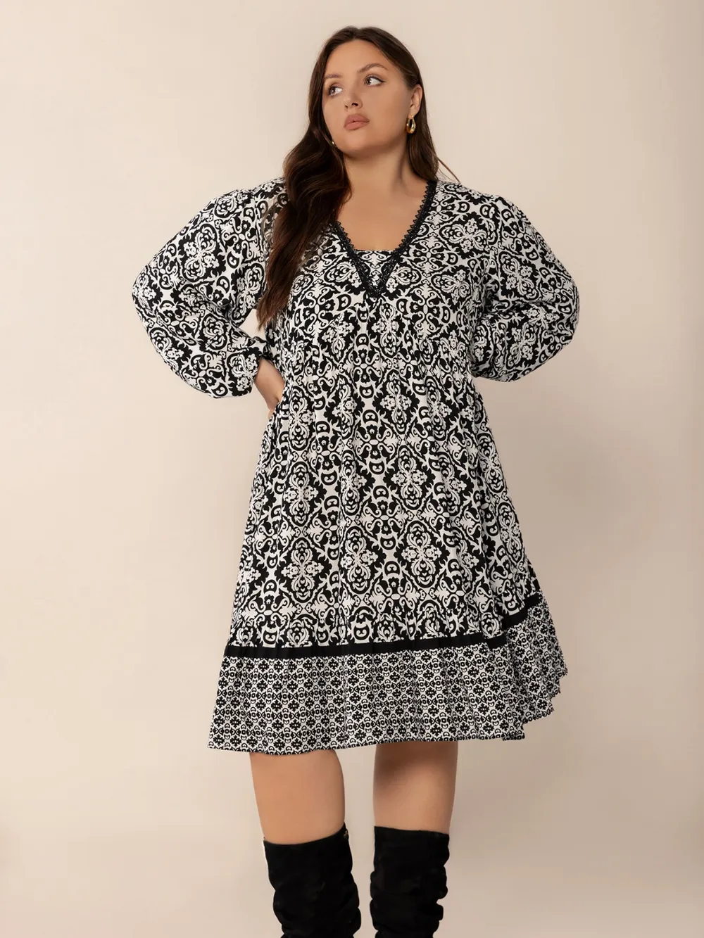 Plus Size Lace Detail Printed Balloon Sleeve Dress, image 3