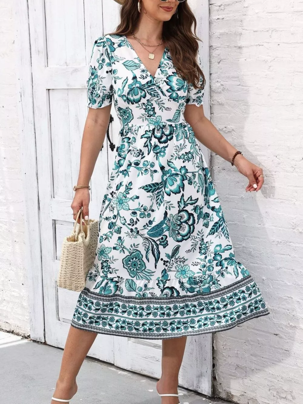 Floral Print Puff Sleeve Wrap Midi Dress, image 12