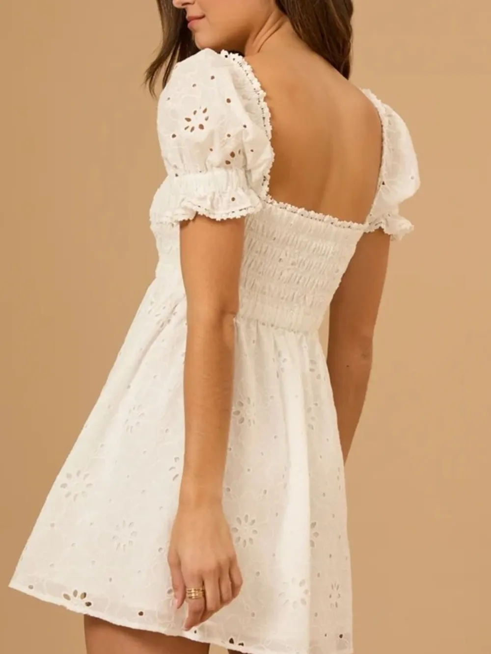 Eyelet Puff Sleeve Smocked Mini Dress, image 6