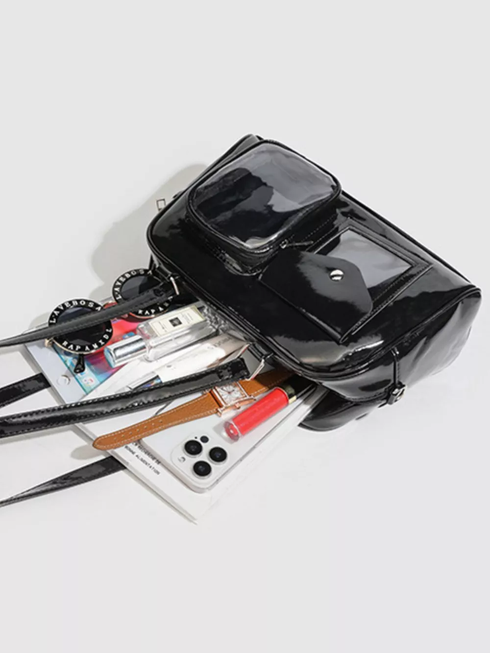 Glossy Patent Leather Multi-Pocket Shoulder Bag, image 6