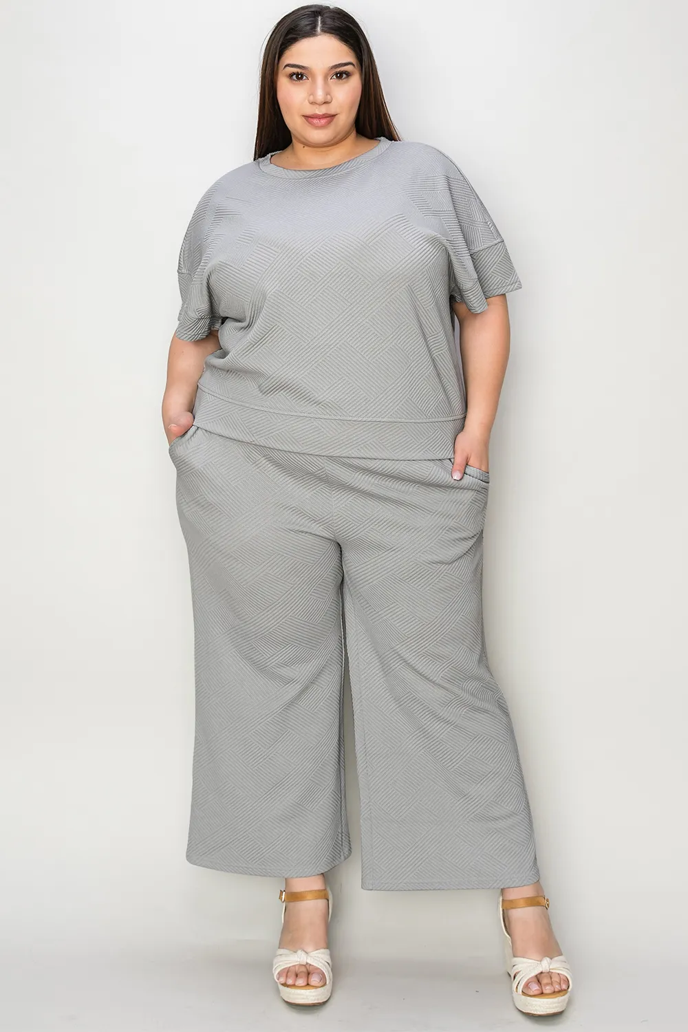 Full Size Texture Short Sleeve Top and Pants Set, image 18