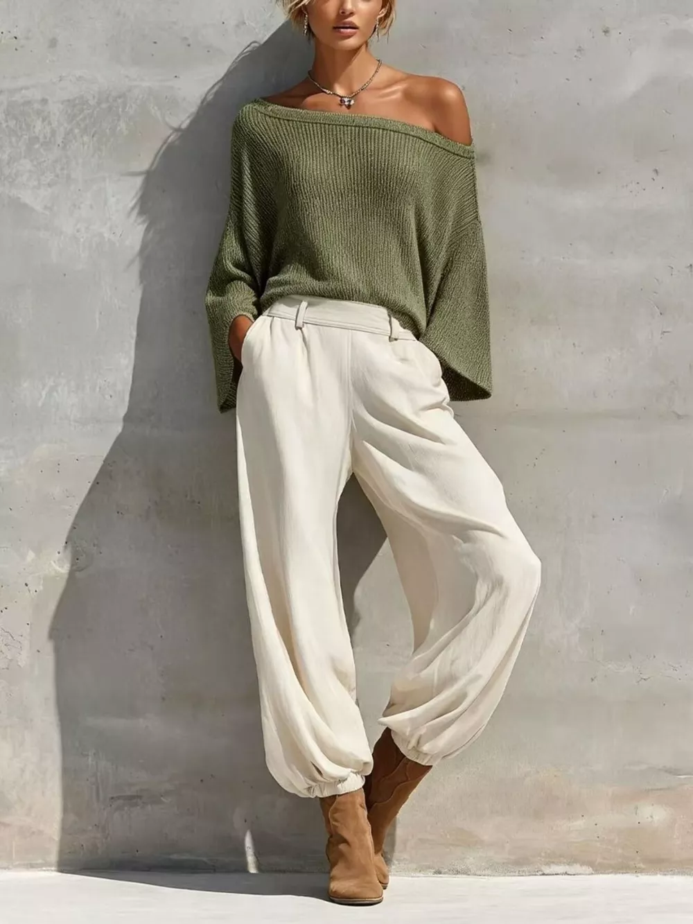 One-Shoulder Knit Top and High-Waisted Pants Set, image 4