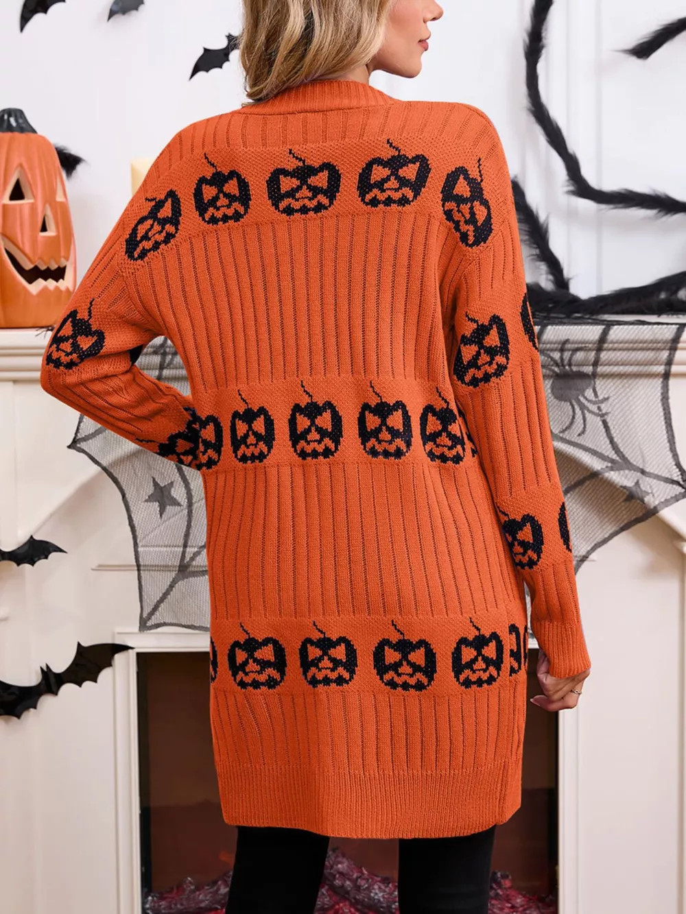 Halloween Pumpkin Open Front Knit Cardigan, image 8