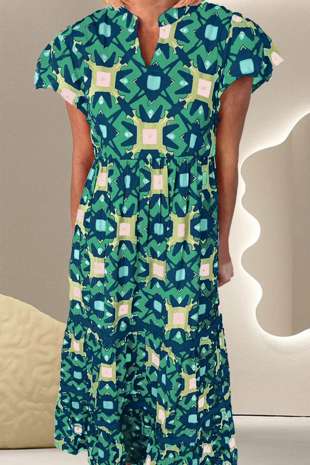 Printed Notched Cap Sleeve Dress, image 3