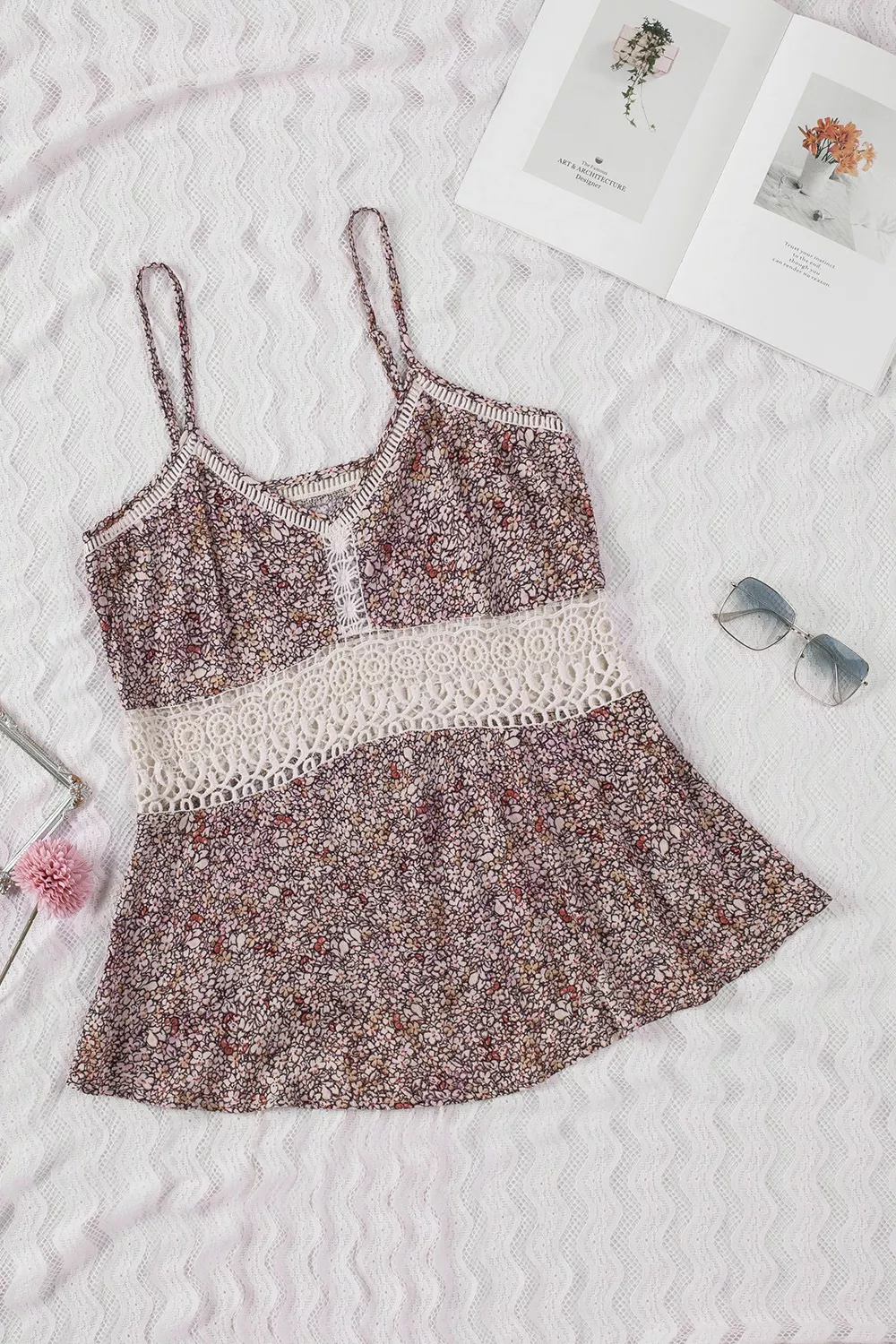 Floral Print Crochet Trim Cami with Spaghetti Straps, image 4