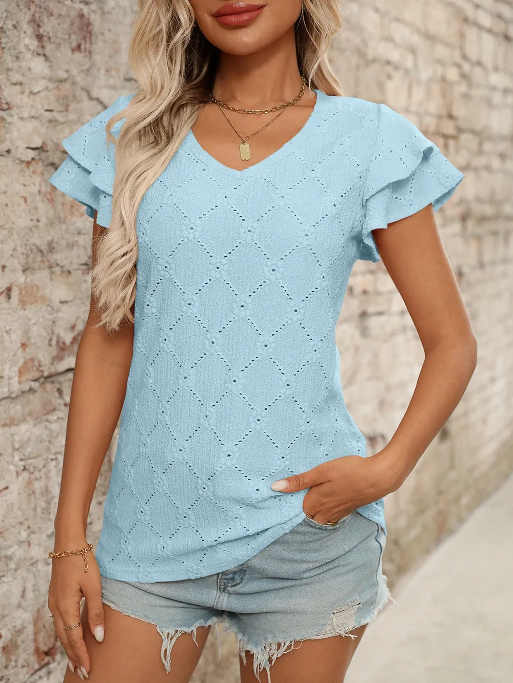 Eyelet V-Neck Ruffled Cap Sleeve Top, image 5