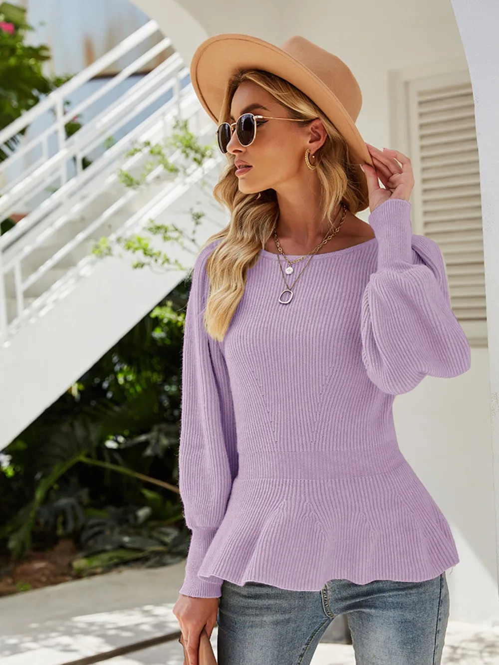 Ribbed Round Neck Lantern Sleeve Sweater, image 8