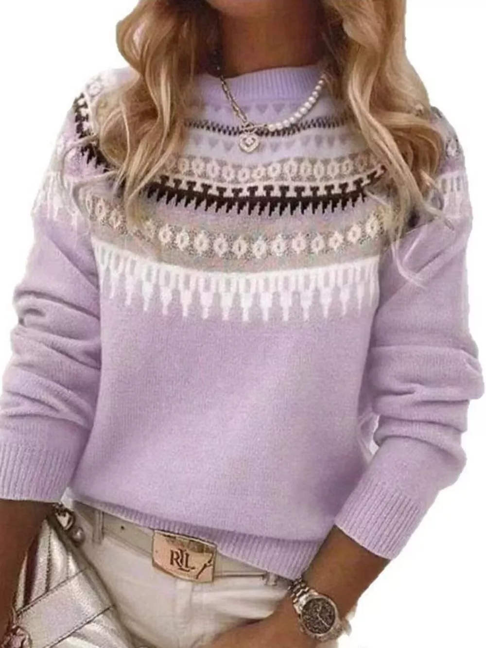 Full Size Vintage Patterned Round Neck Sweater Plus Size, image 13