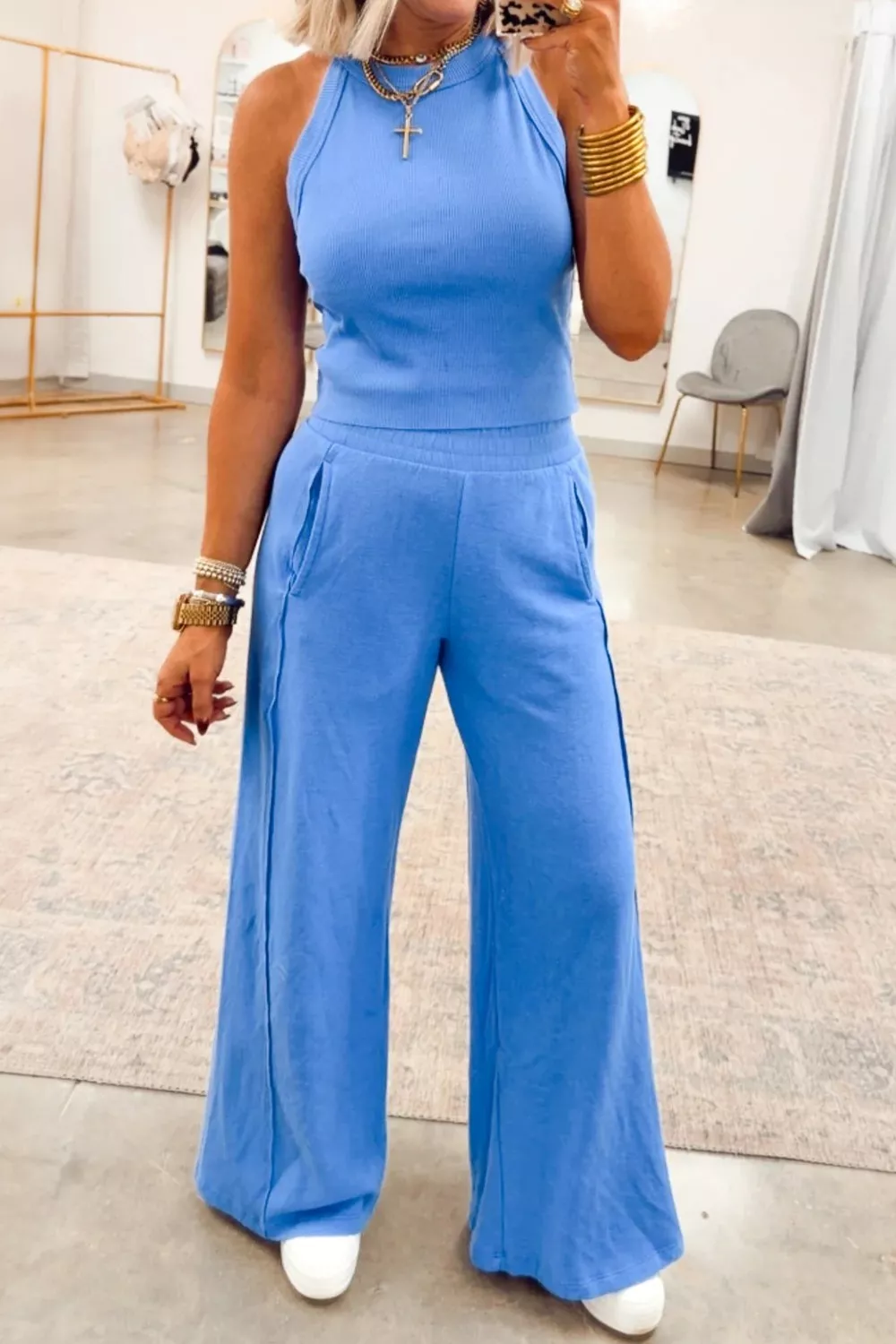 Slim Ribbed Tank Top and Sweatpants Set, image 4