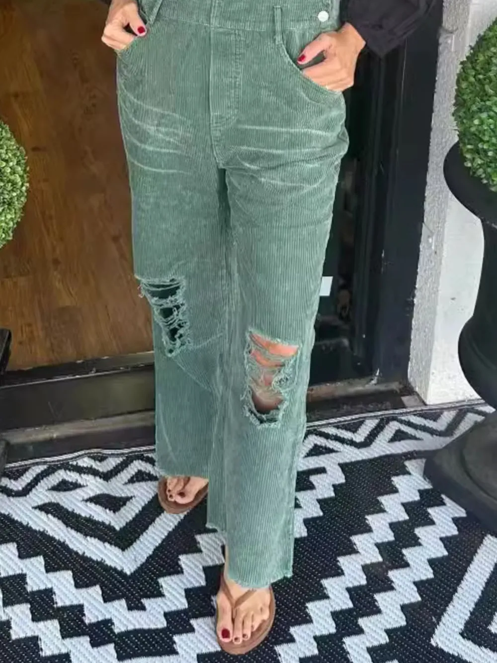 Distressed Wide Leg Corduroy Overalls, image 7