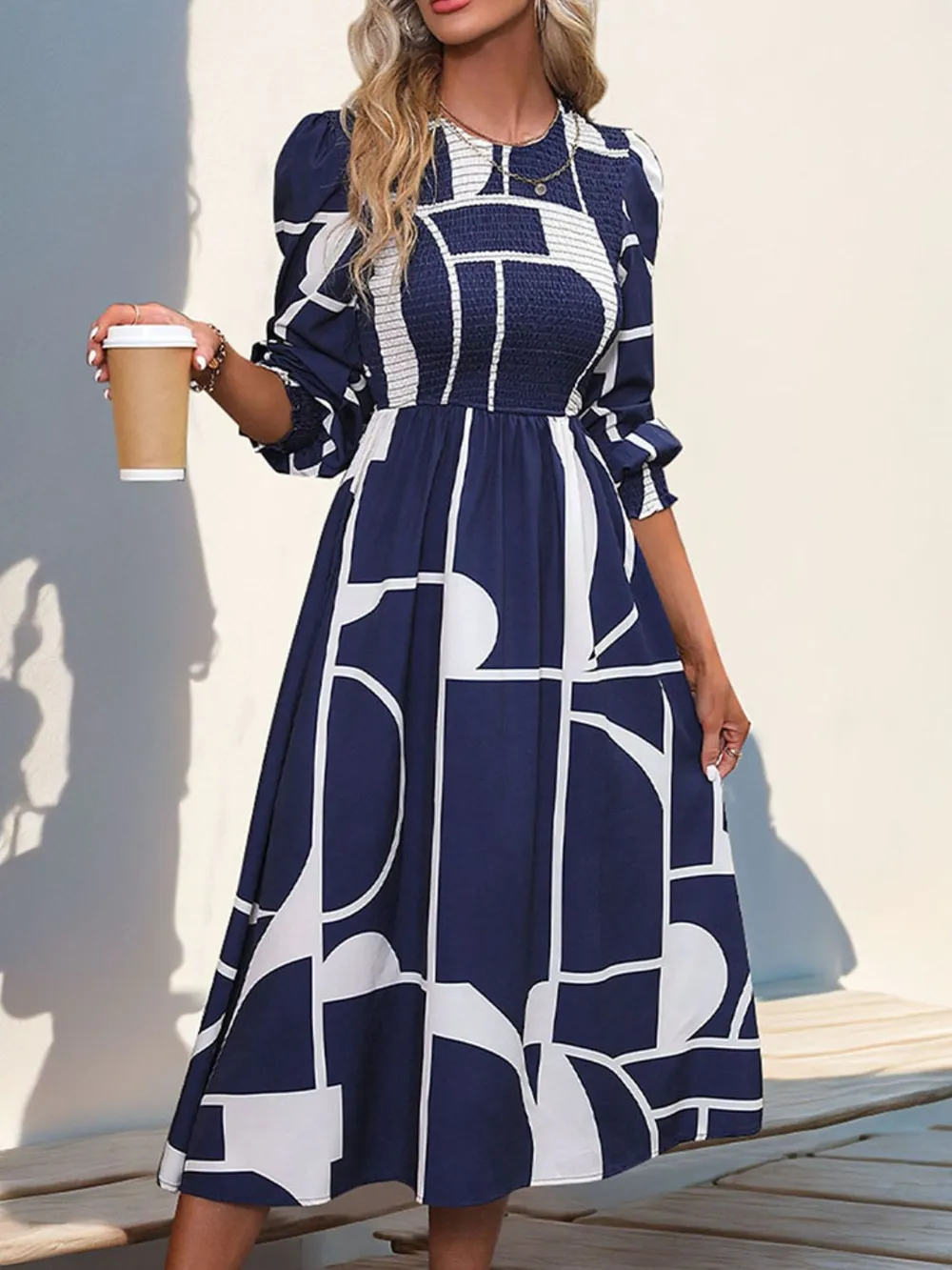 Smocked Color Block Long Sleeve Midi Dress, image 4