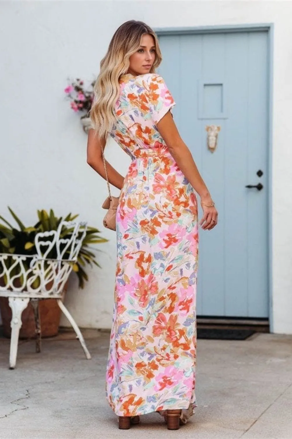 Printed Surplice Short Sleeve Tie Waist Maxi Dress, image 4