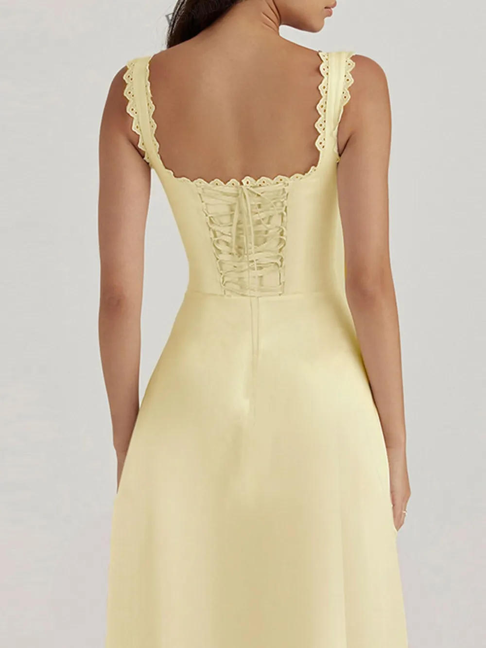 Scalloped V-Neck Midi Dress with Back Lace-Up, image 3