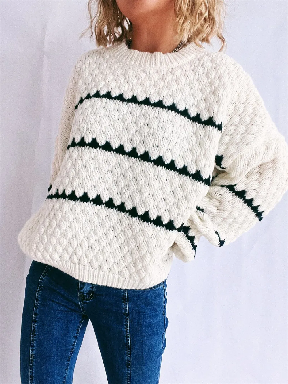 Contrast Stripes Round Neck Long Sleeve Sweater, image 6